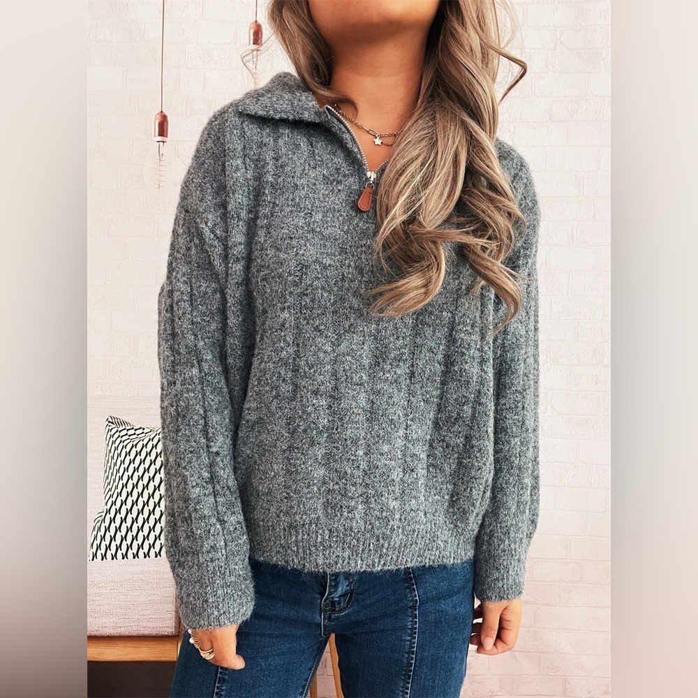 Ribbed Hem Quarter Zip Sweater - Picture 13 of 14